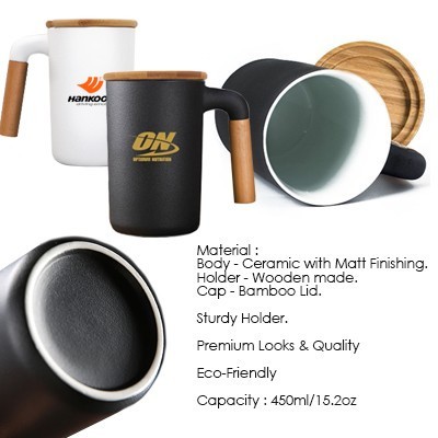 DESIGNER Ceramic Mug with Wooden Handle - 450ml 12