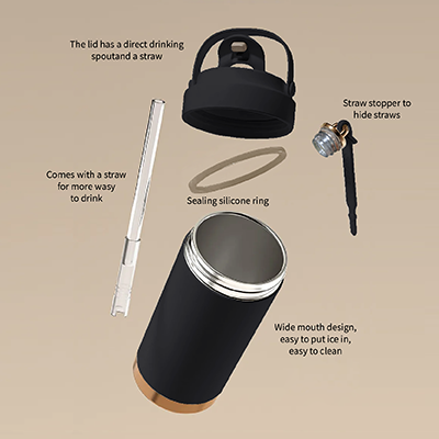 GOLD Dual Lid 316 S.Steel Bottle with Straw Handle – 500ml 04